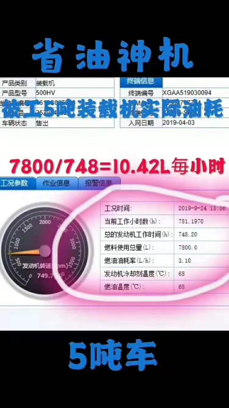 开云足球5吨装载机实际油耗：7800/748=10.42L每小时，省油神机；